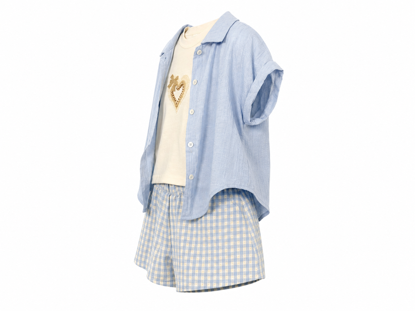Completo 3 pezzi bambina con shorts cielo polvere