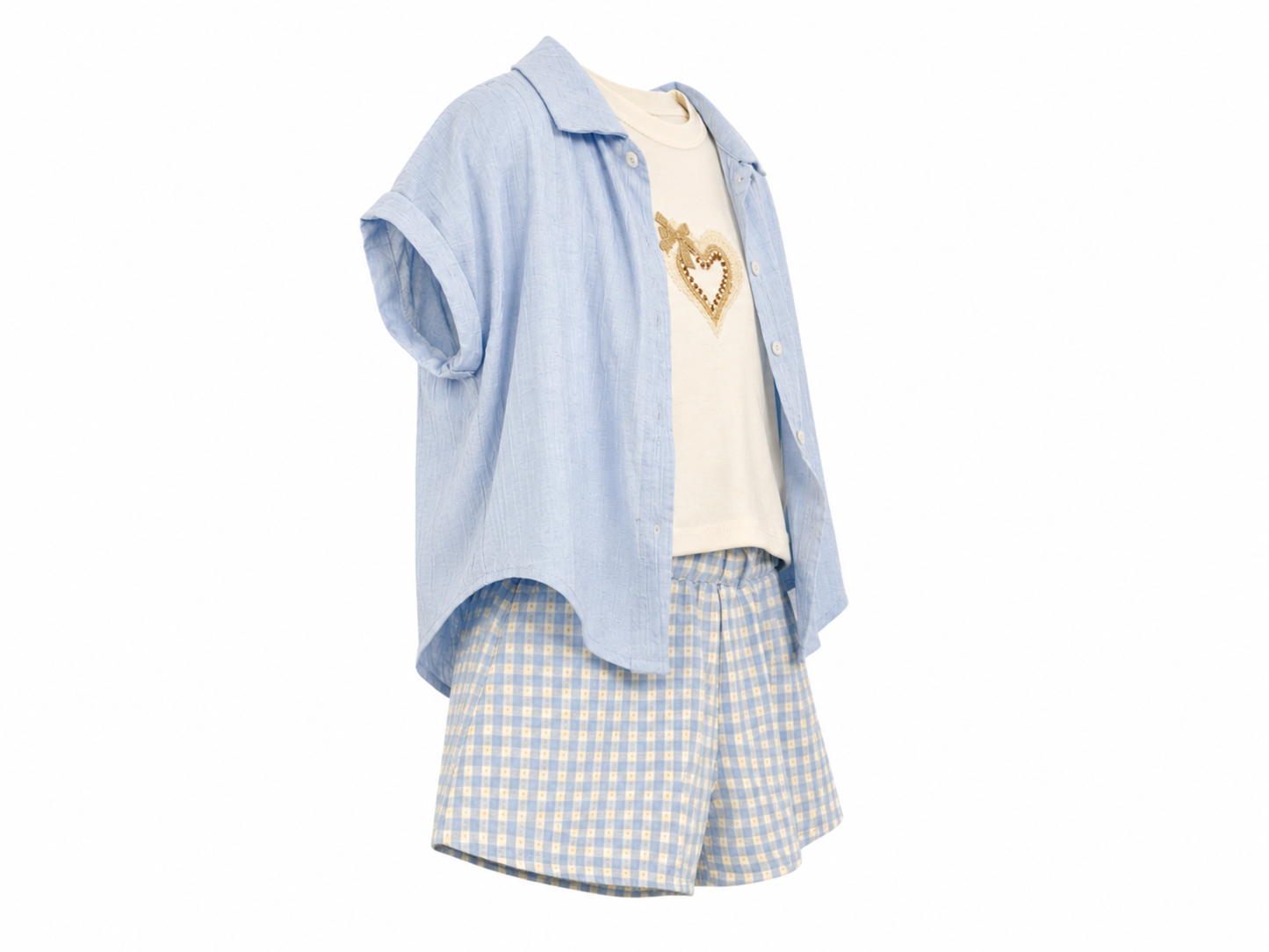 Completo 3 pezzi bambina con shorts cielo polvere