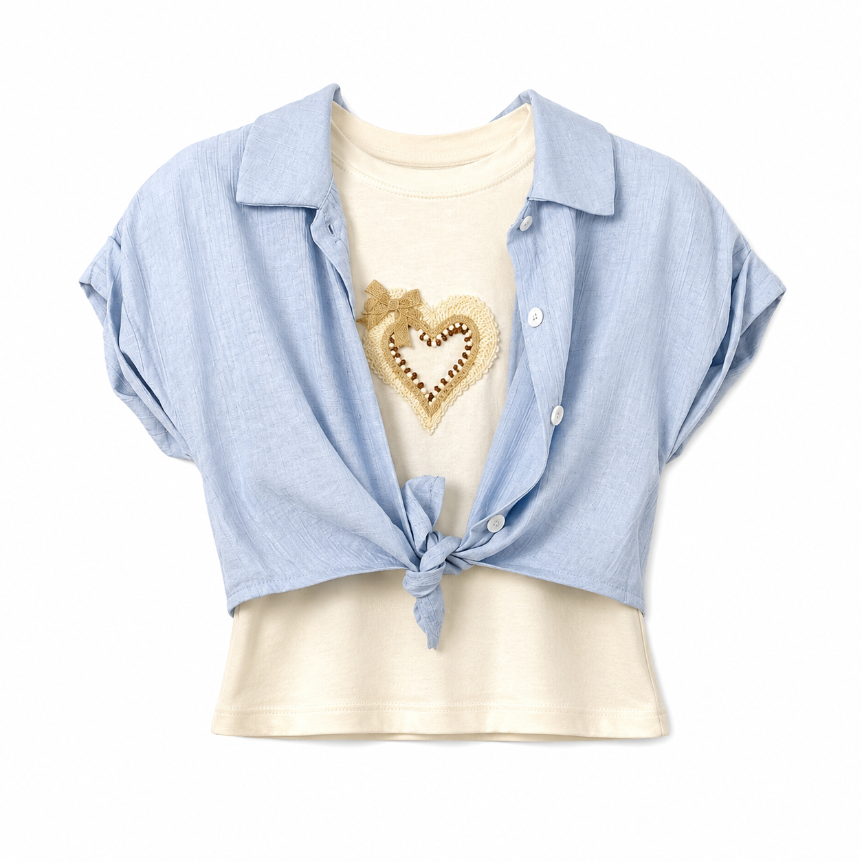 Completo 3 pezzi bambina con shorts cielo polvere
