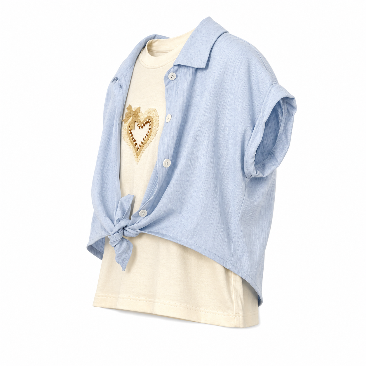 Completo 3 pezzi bambina con shorts cielo polvere