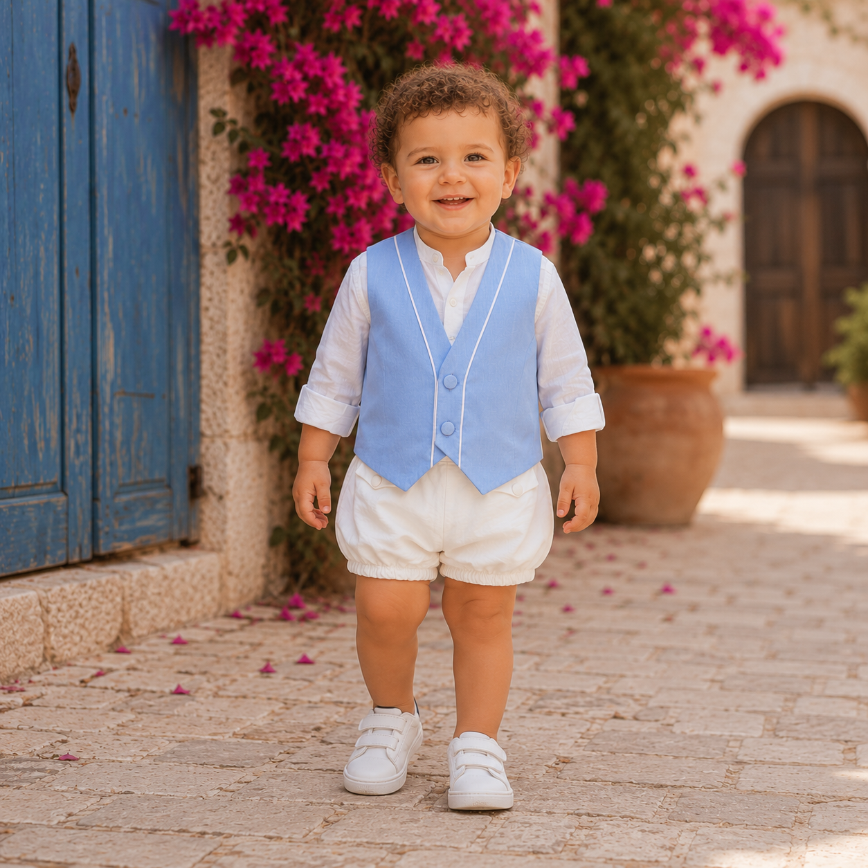 Elegant baby vest with white satin trim