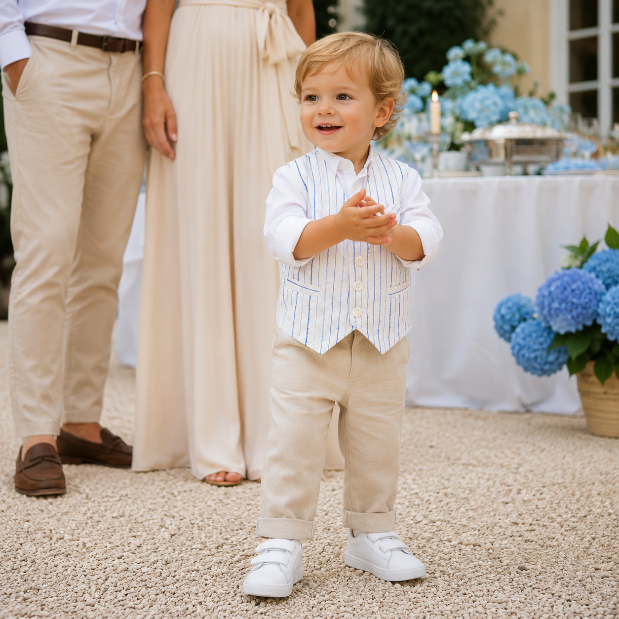 Elegant white waistcoat with royal blue stripes