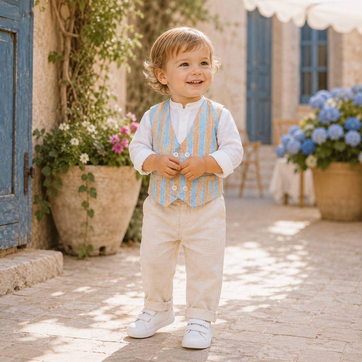 Double-breasted waistcoat in beige and light blue stripes