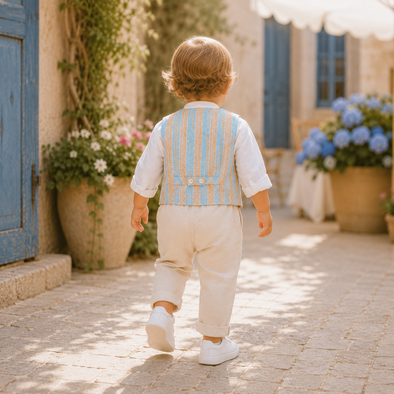 Double-breasted waistcoat in beige and light blue stripes