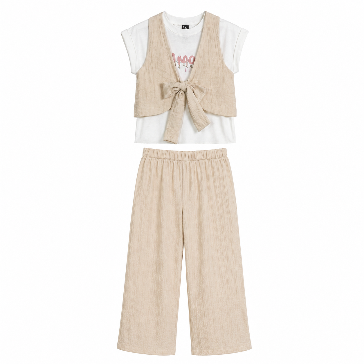 Completo bambina 3 pezzi con pantalone sabbia e bianco