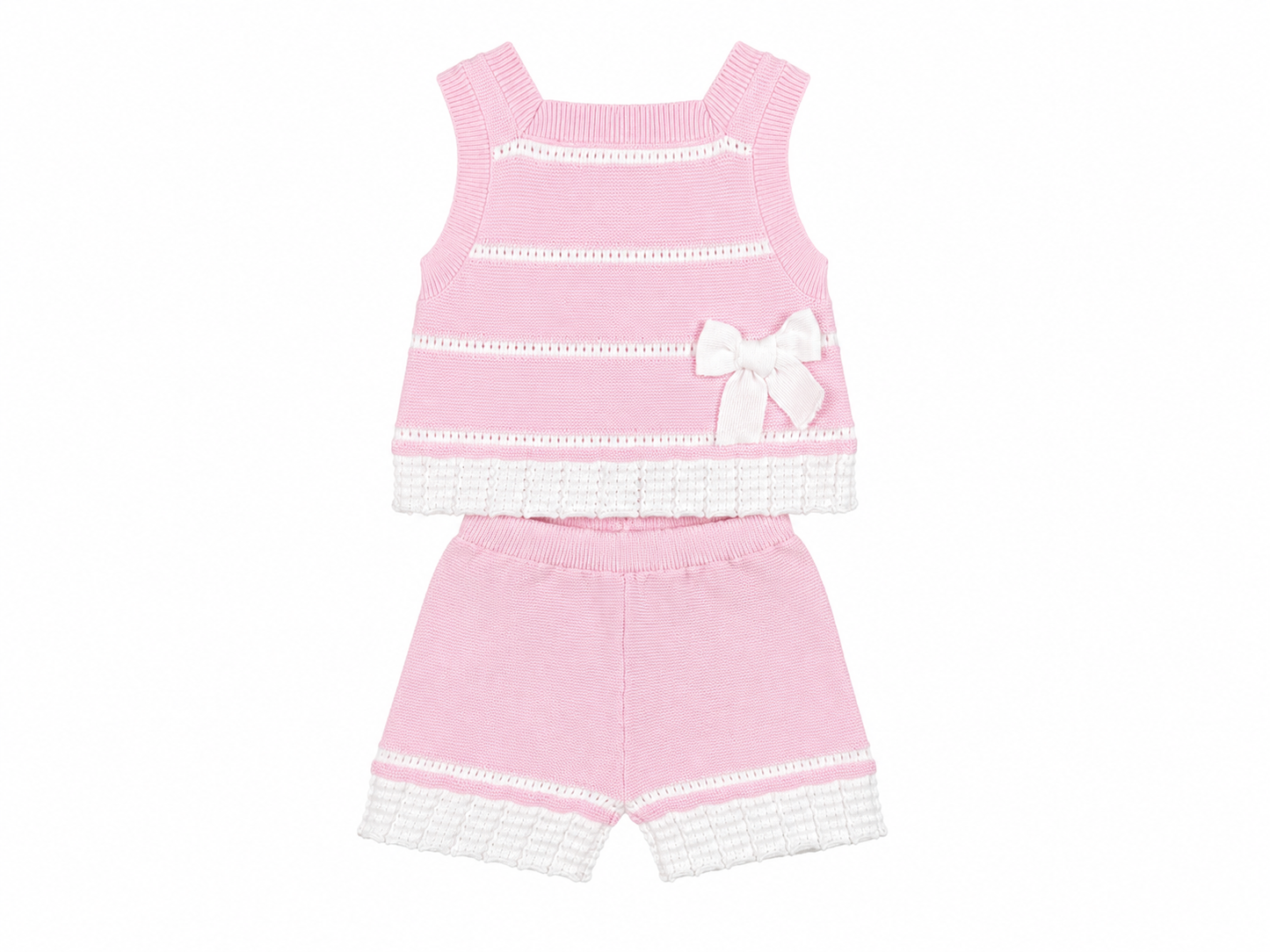 Completo neonata in filo di cotone rosa e bianco