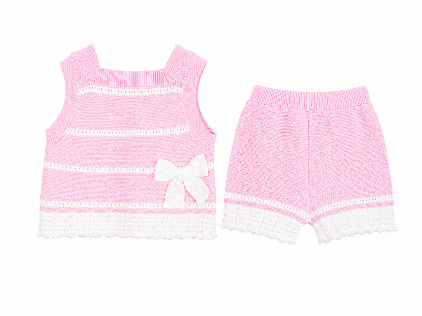 Completo neonata in filo di cotone rosa e bianco