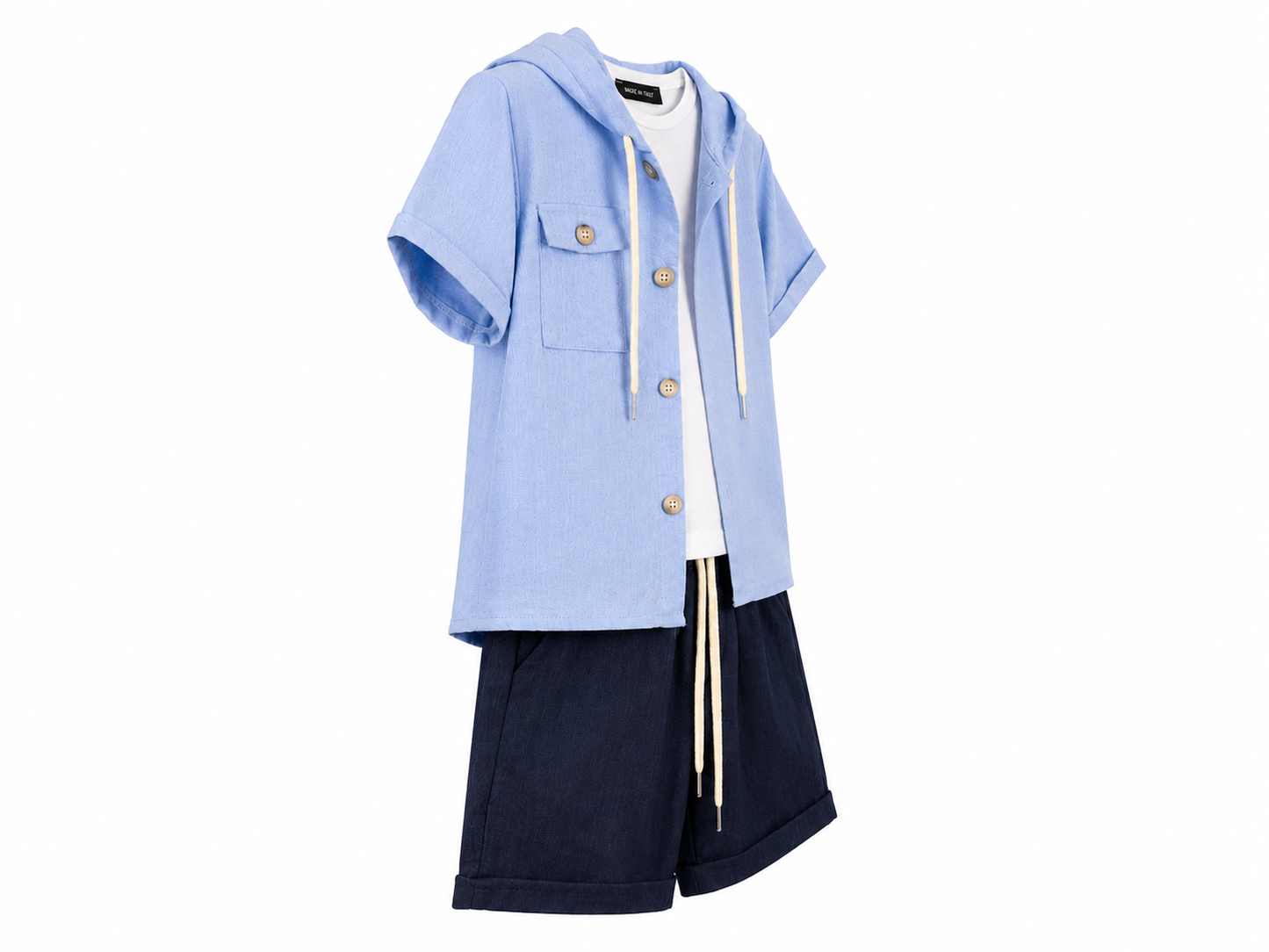 Completo neonato 3 pezzi cielo con camicia cappuccio