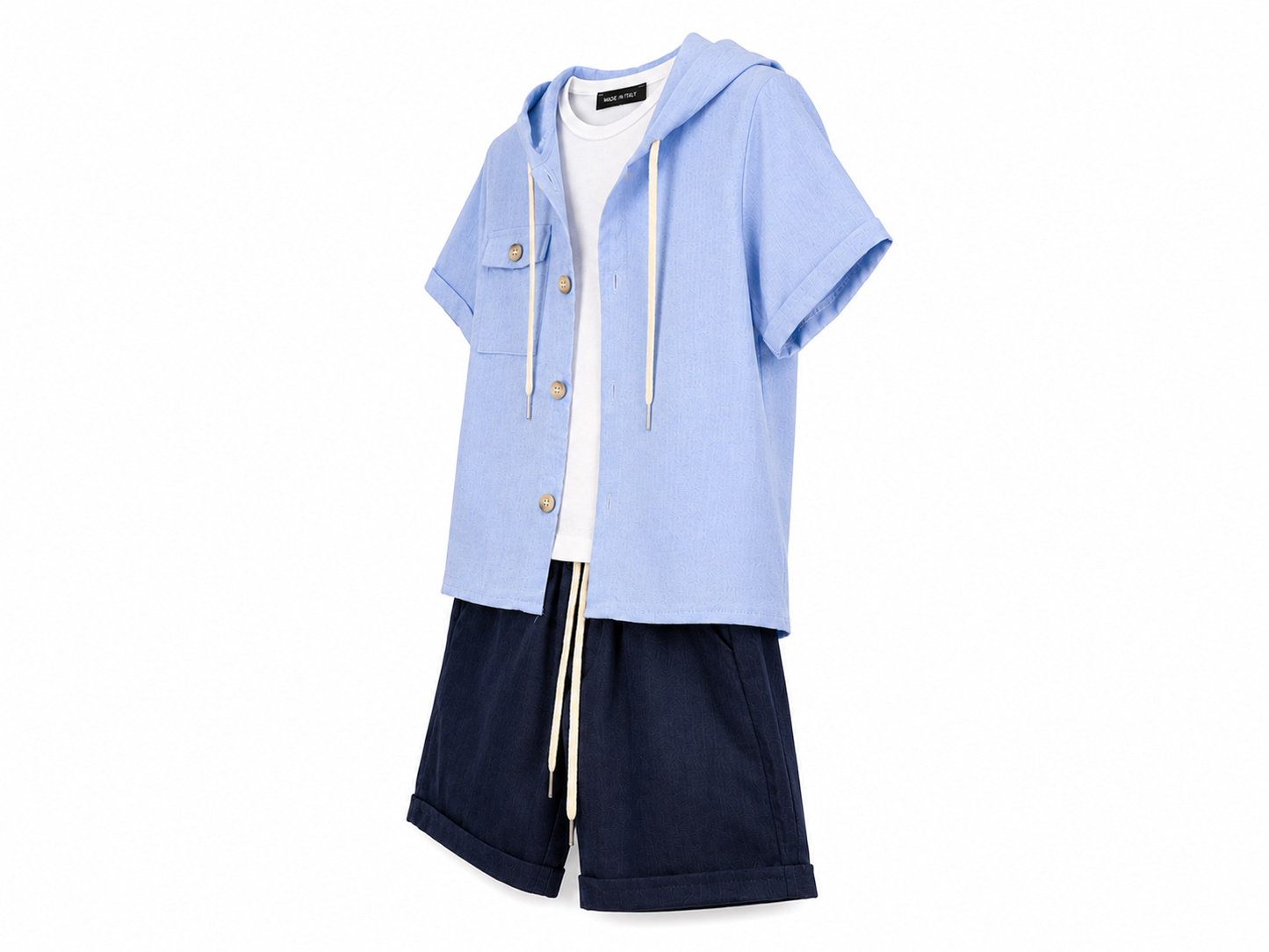 Completo neonato 3 pezzi cielo con camicia cappuccio