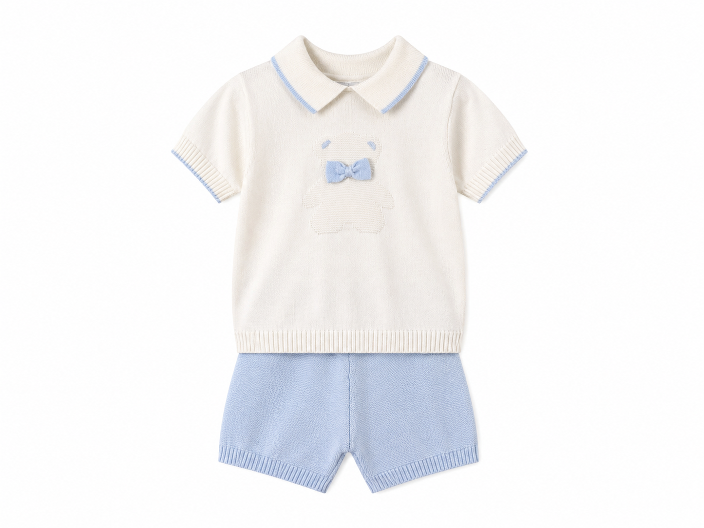 Completo neonato in filo panna e cielo con orsetto