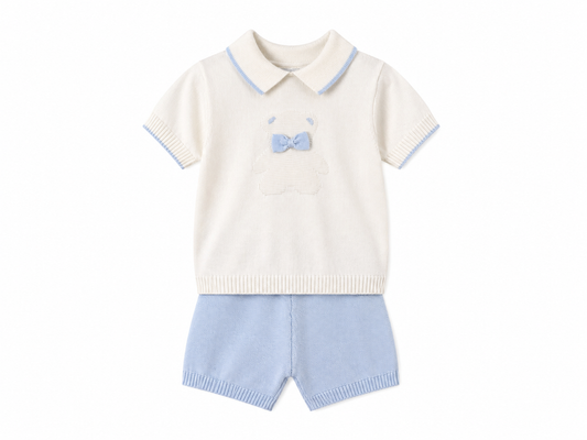 Cream and sky blue knitted baby set with a teddy bear