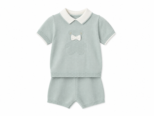 Sage green knitted baby set with a little bear