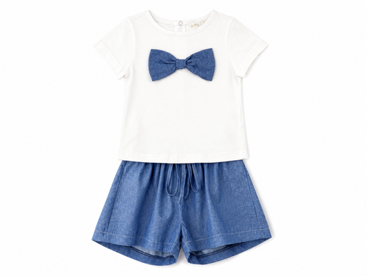 Newborn summer outfit: white t-shirt and denim shorts