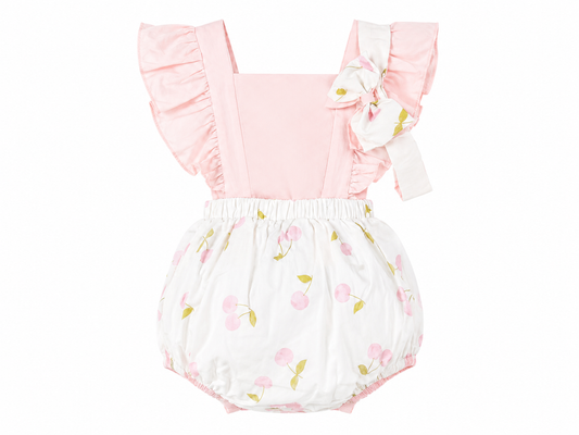 Pink baby romper with cherries and headband