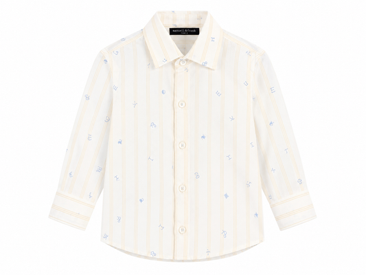 Cream striped baby shirt with blue micro pattern