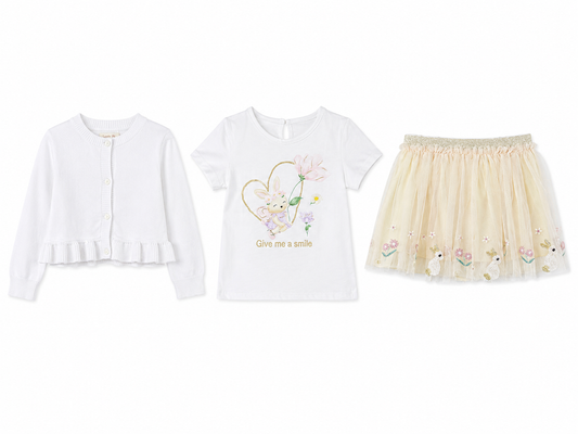 3-piece baby girl outfit in white and ivory yellow