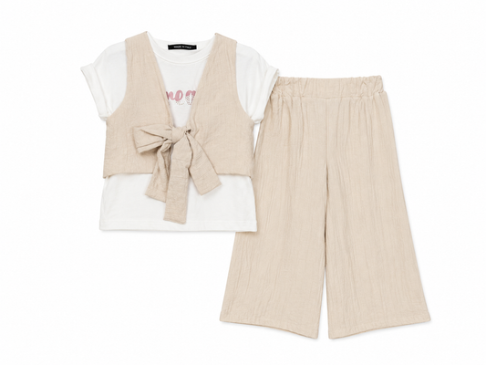 Girls' 3-piece outfit with sand and white trousers