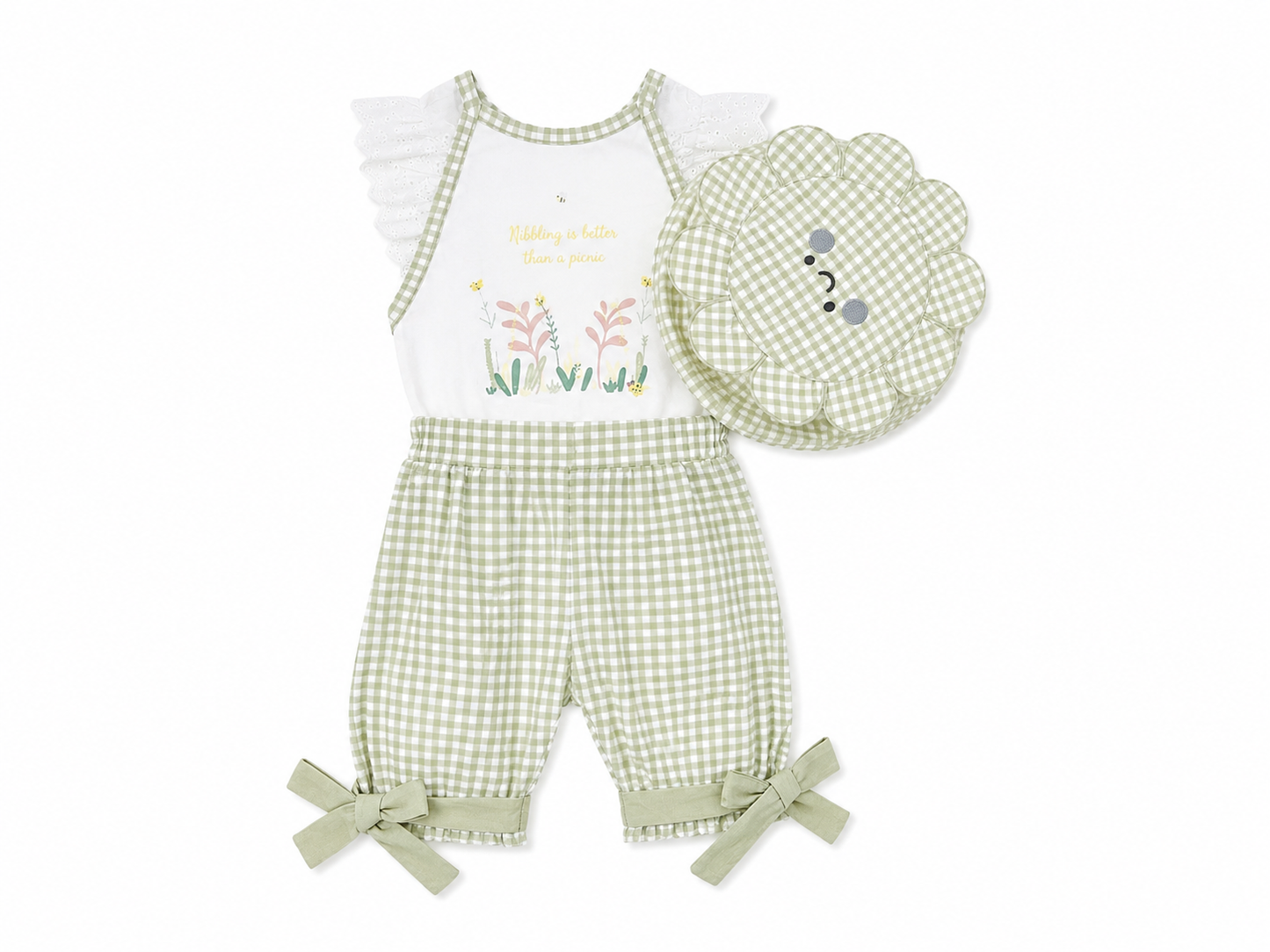 Completo estivo neonata bianco e verde a scacchi con cappellino