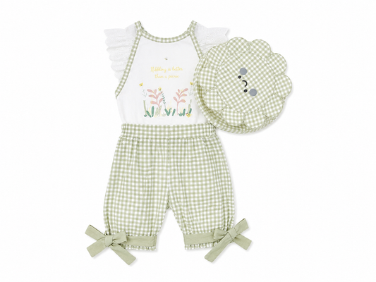 Infant girl's white and green checkered summer outfit with hat