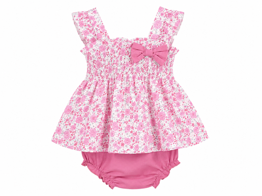 Newborn two-piece romper with pink bloomers and floral tank top