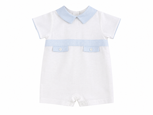 Newborn romper in white and sky blue linen
