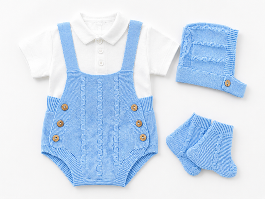 4-piece baby boy blue set with romper, shirt, hat, and booties