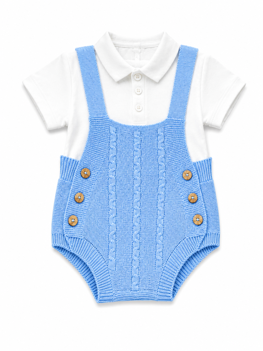 Set 4 pezzi neonato azzurro con pagliaccetto, camicia, cappellino e babbucce