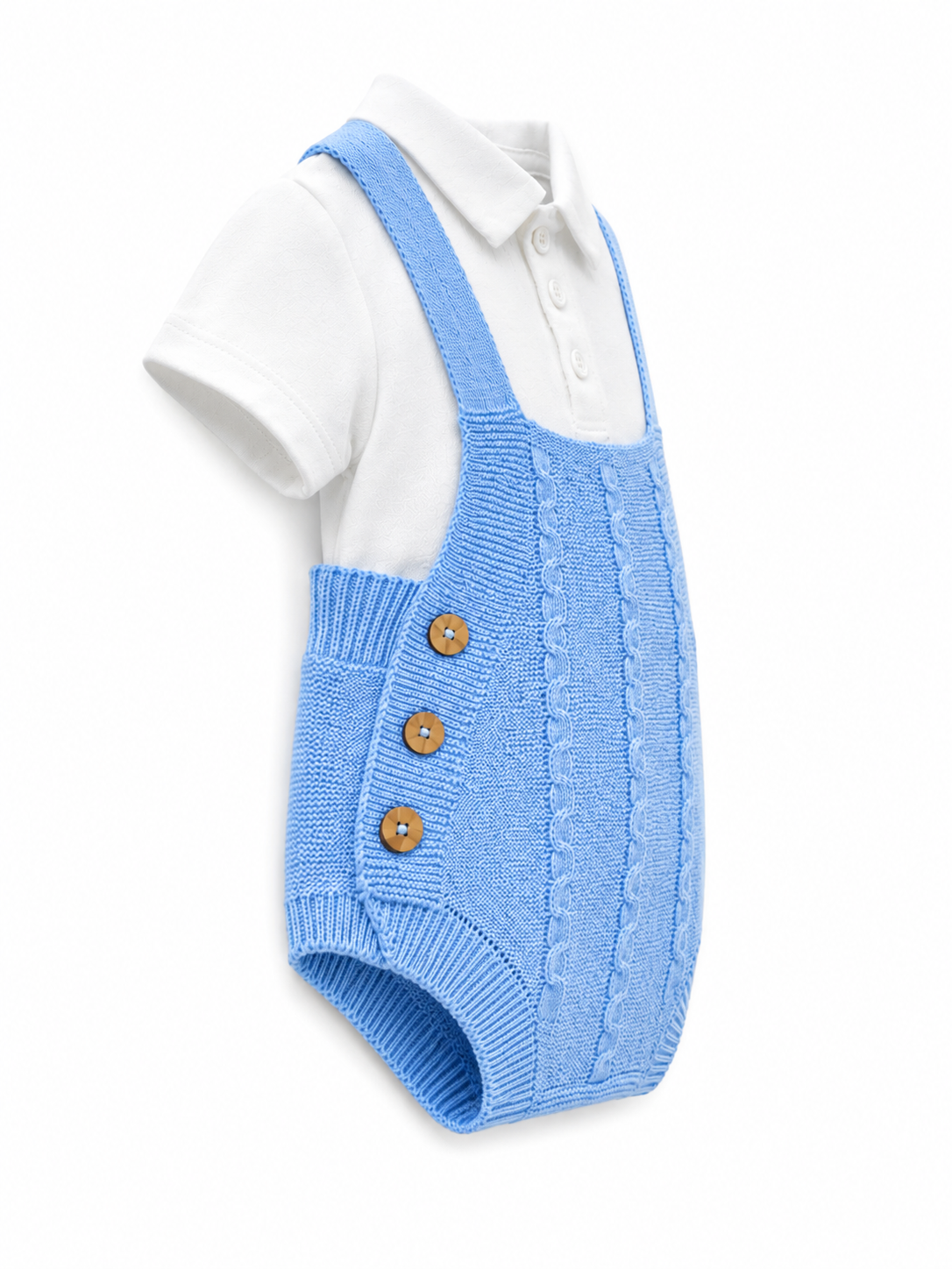 Set 4 pezzi neonato azzurro con pagliaccetto, camicia, cappellino e babbucce