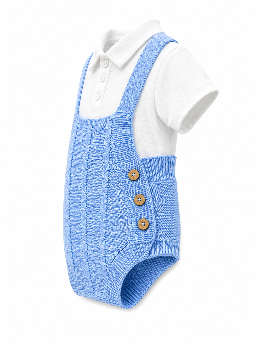 Set 4 pezzi neonato azzurro con pagliaccetto, camicia, cappellino e babbucce