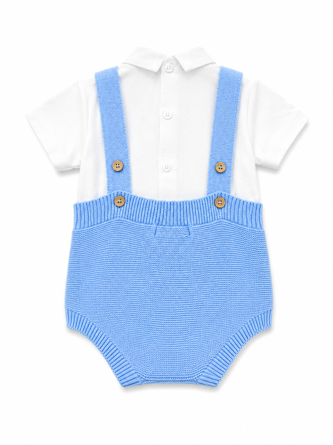 Set 4 pezzi neonato azzurro con pagliaccetto, camicia, cappellino e babbucce
