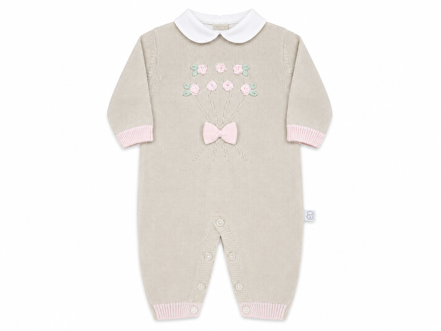 Tutina neonata in filo di cotone tortora con fiorellini rosa pastello