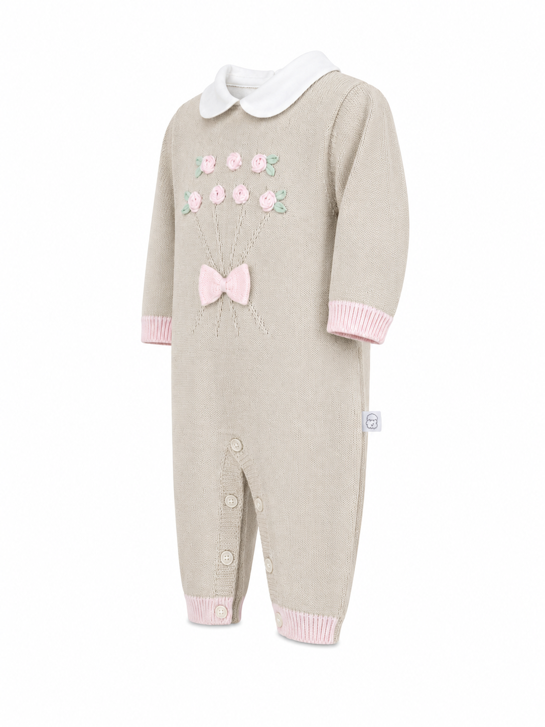 Tutina neonata in filo di cotone tortora con fiorellini rosa pastello