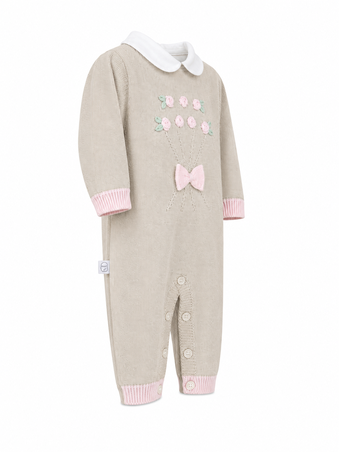 Tutina neonata in filo di cotone tortora con fiorellini rosa pastello