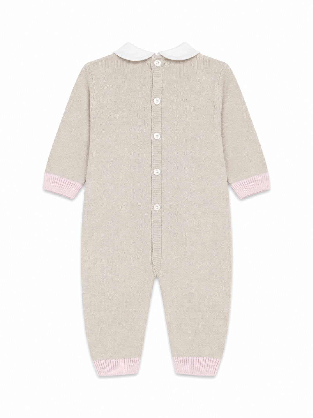 Tutina neonata in filo di cotone tortora con fiorellini rosa pastello