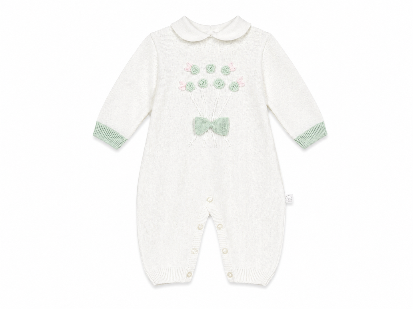 Tutina neonata in filo di cotone panna con fiorellini verdi