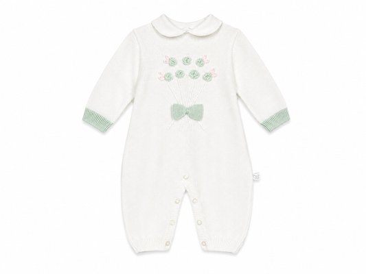 Newborn cream cotton knit romper with green floral print