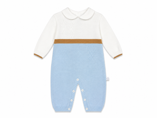 Blue cotton knit romper with diamond pattern