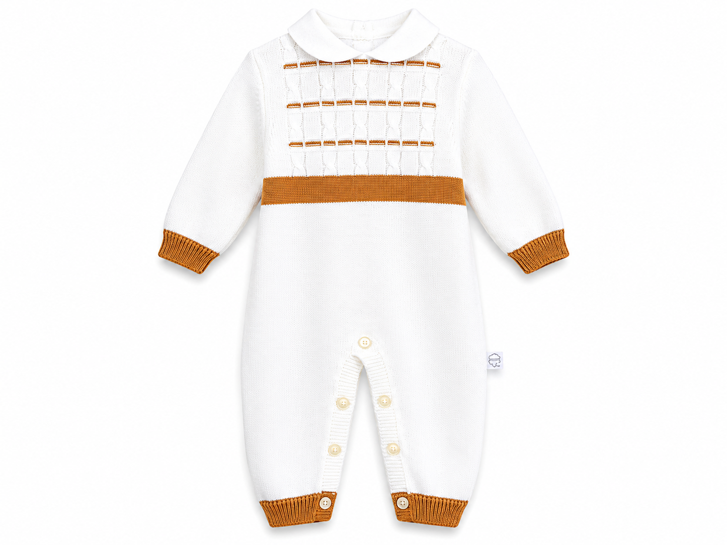 Tutina in filo di cotone panna con fascia cammello