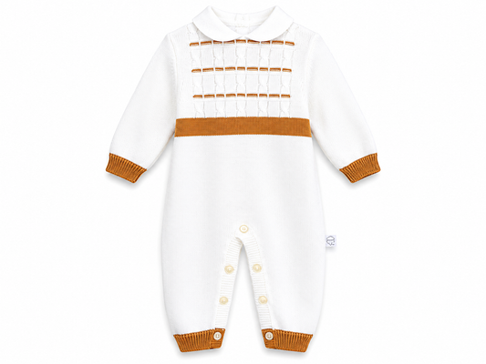 Cream cotton knit onesie with camel band