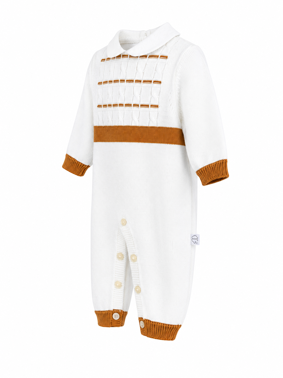 Tutina in filo di cotone panna con fascia cammello