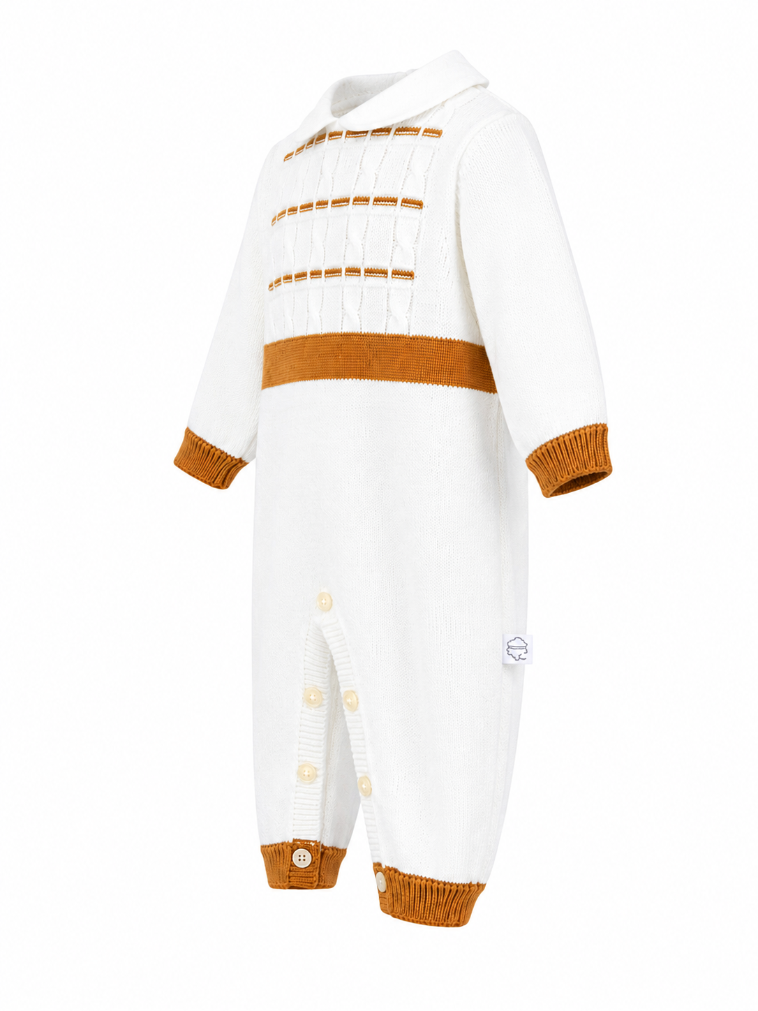 Tutina in filo di cotone panna con fascia cammello