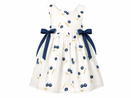 White baby dress with blue cherries and hat