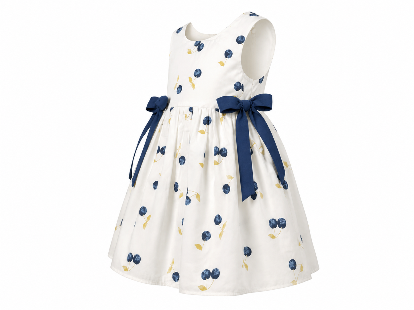 White baby dress with blue cherries and hat