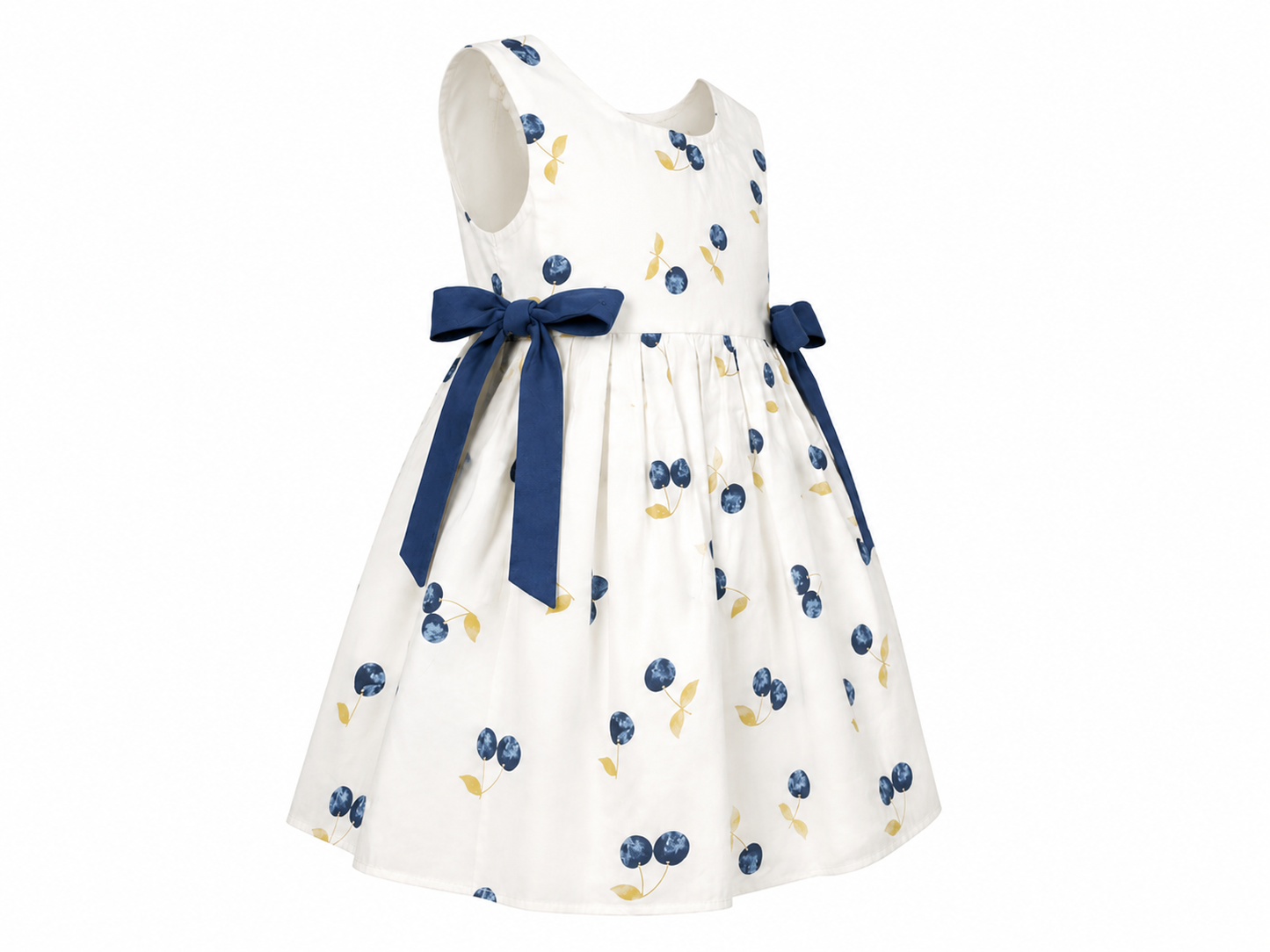 White baby dress with blue cherries and hat