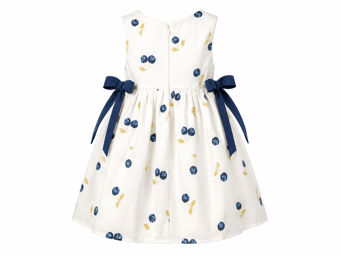White baby dress with blue cherries and hat
