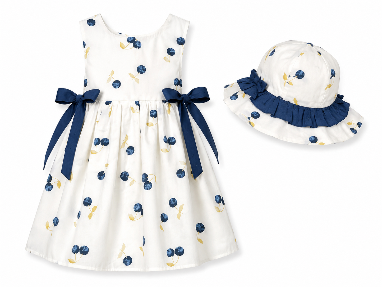 White baby dress with blue cherries and hat