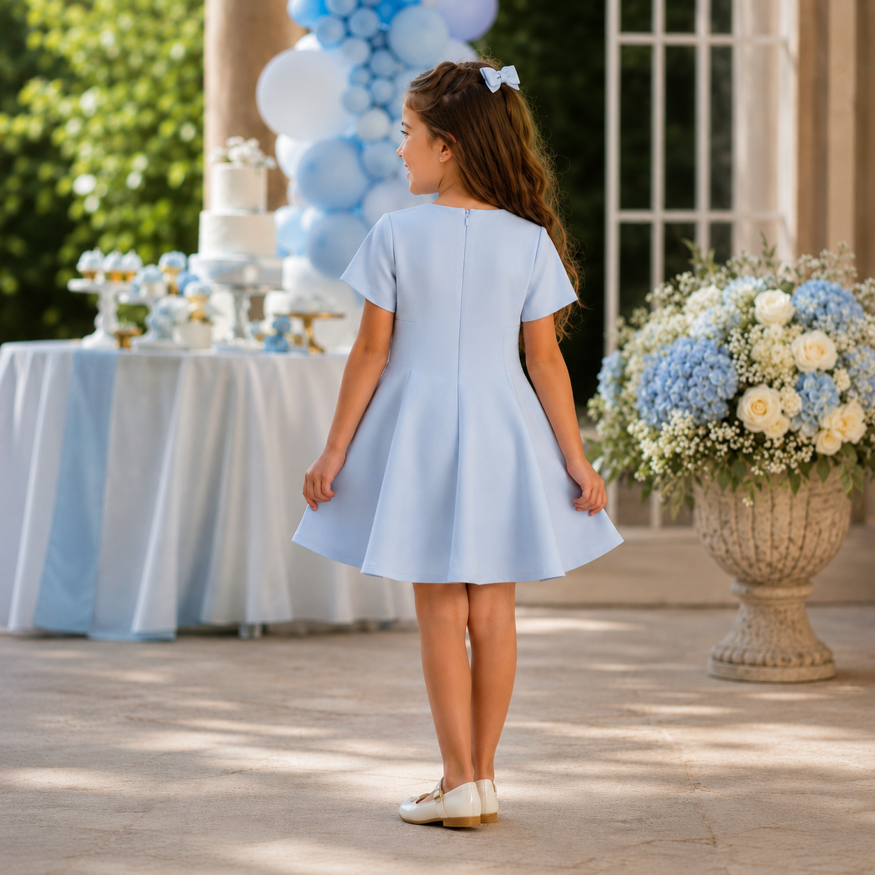 Abito bambina con punto vita intrecciato cielo