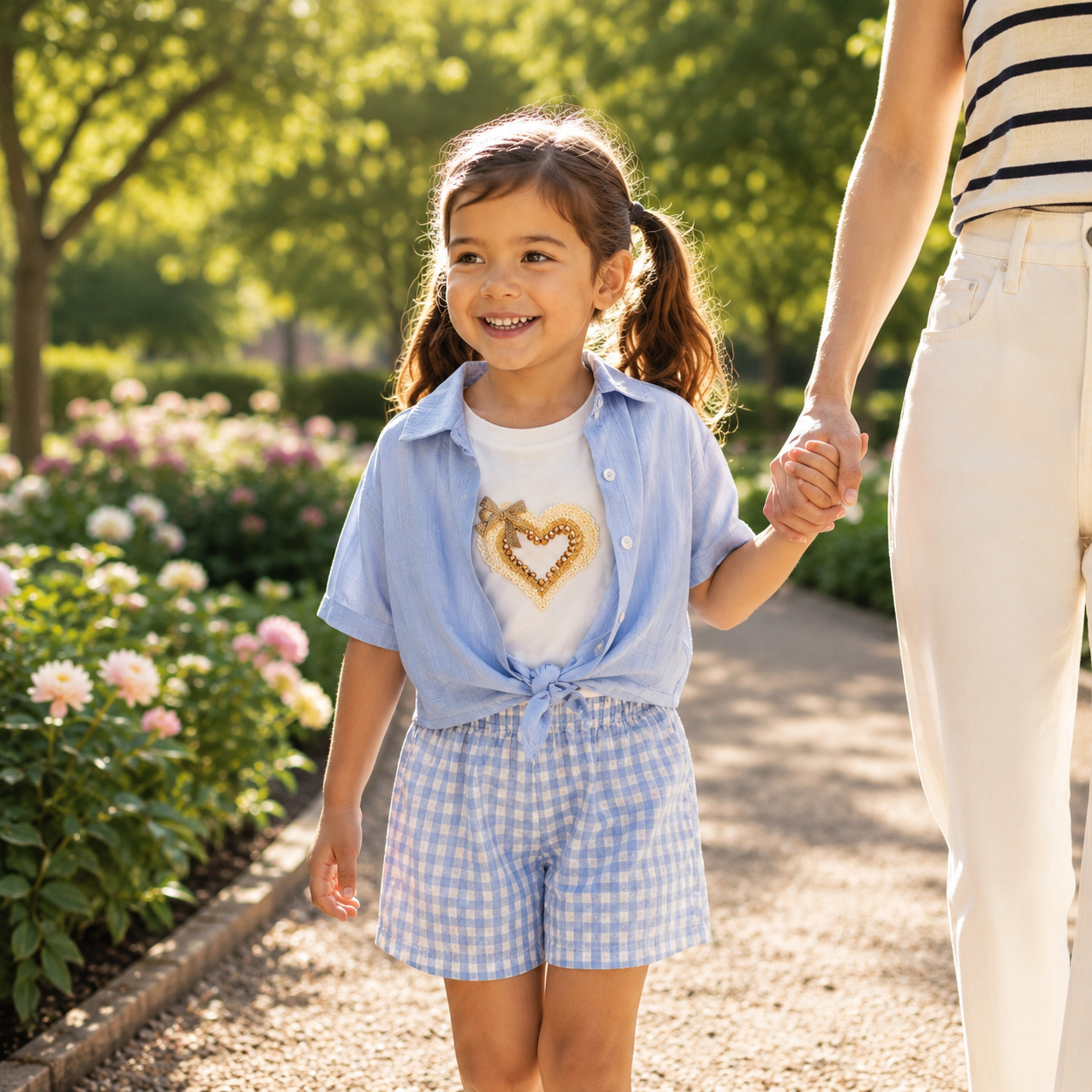 Completo 3 pezzi bambina con shorts cielo polvere