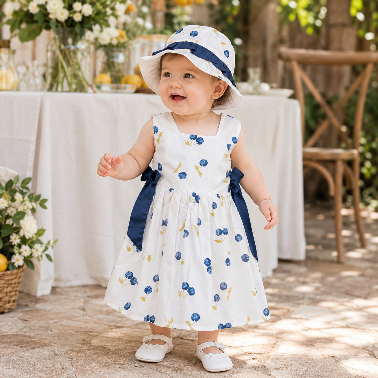 White baby dress with blue cherries and hat