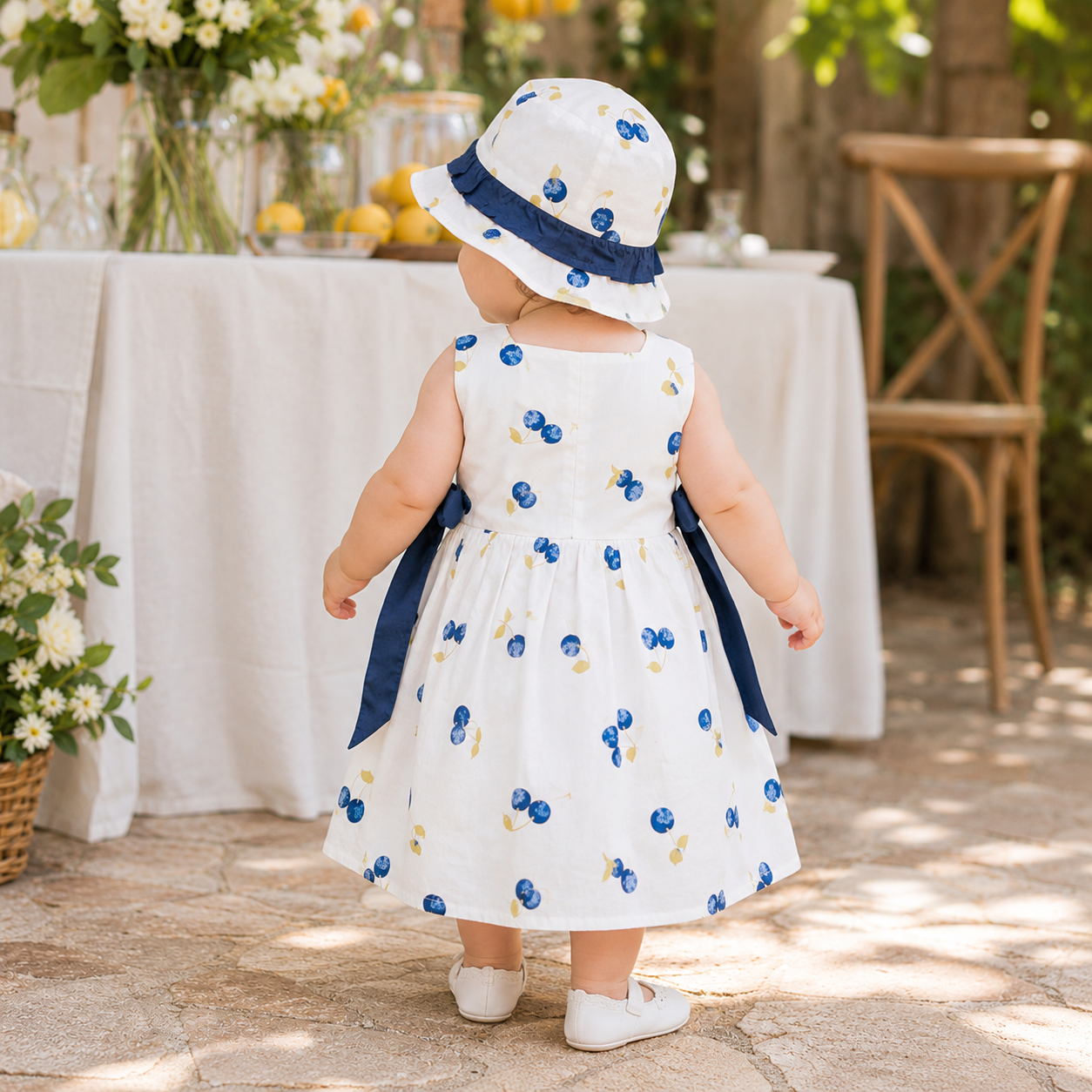 White baby dress with blue cherries and hat